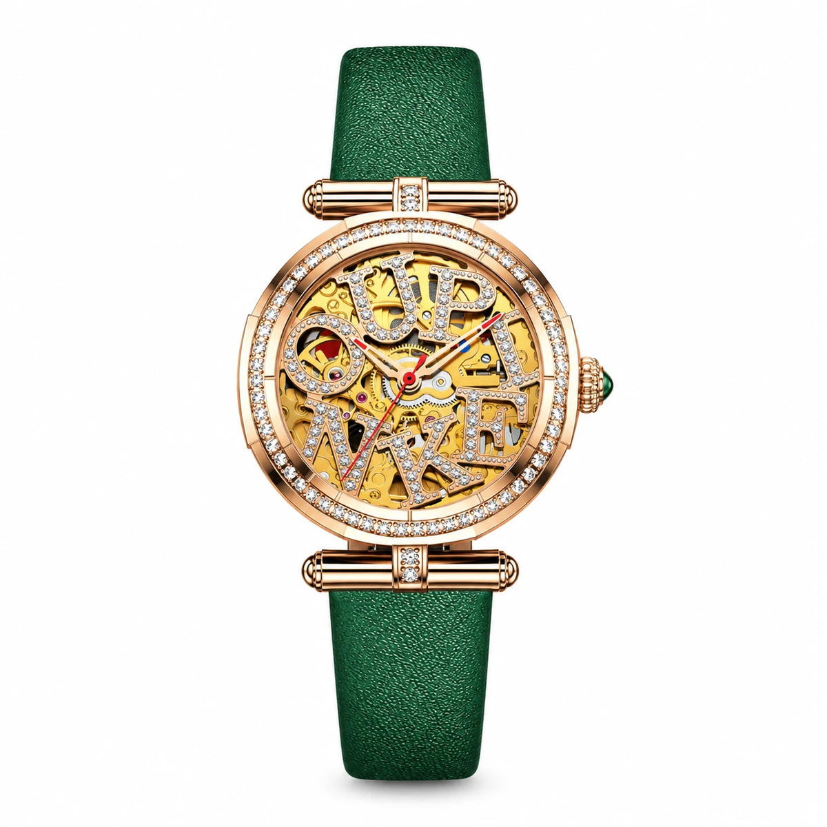Montre automatique squelette femme céramique et acier - Green Leather Strap
