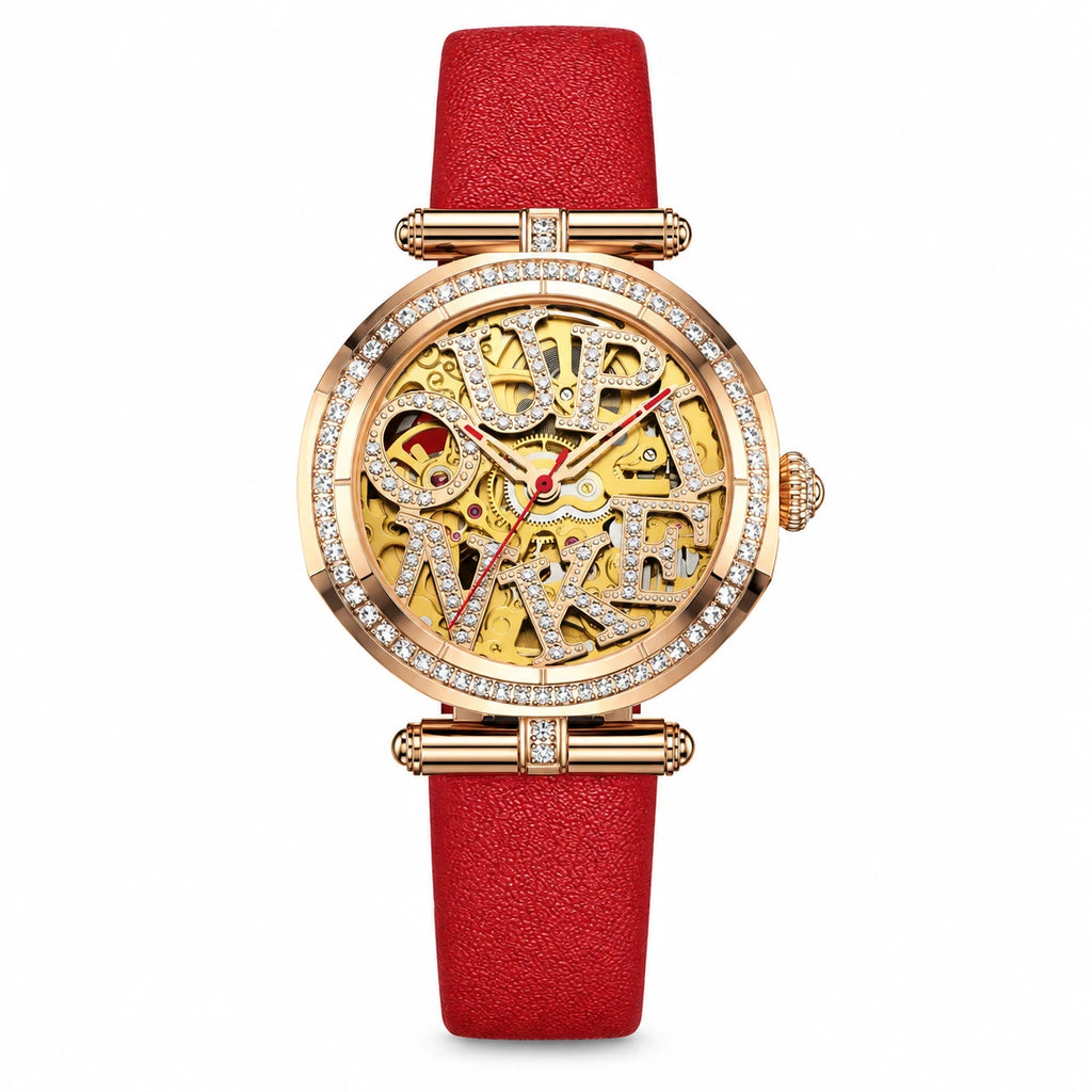 Montre automatique squelette femme céramique et acier - Red Leather Strap