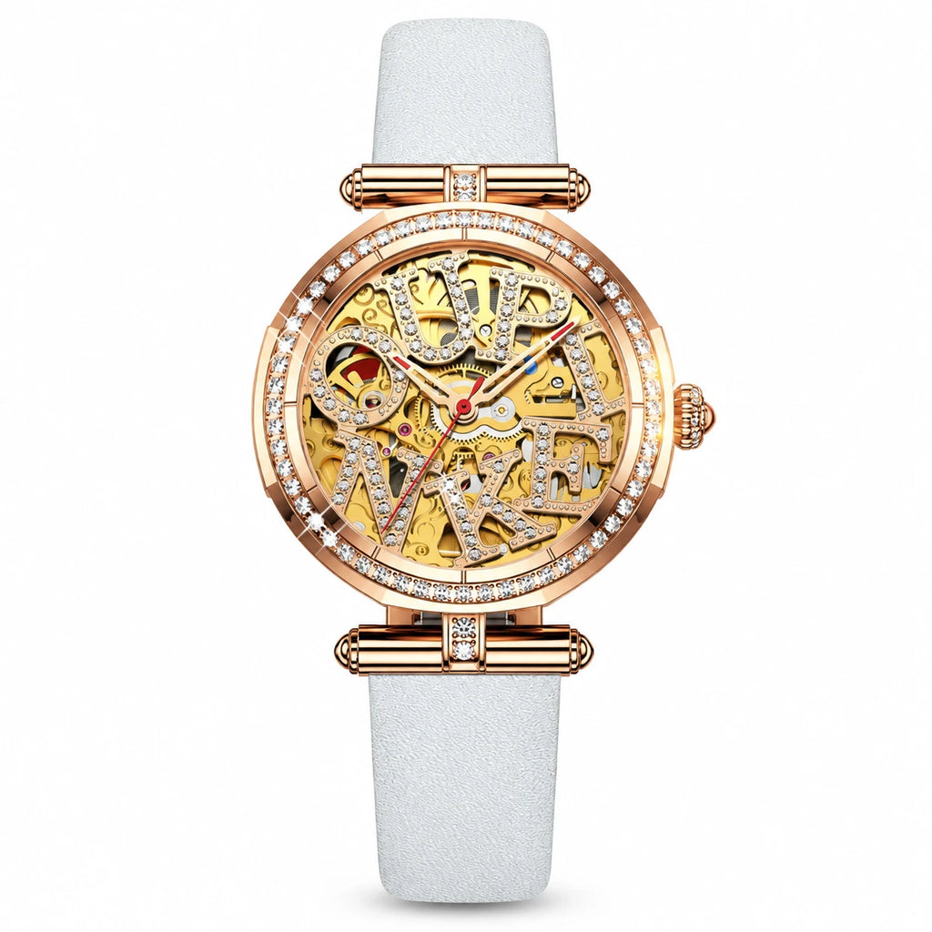 Montre automatique squelette femme céramique et acier - white Leather Strap