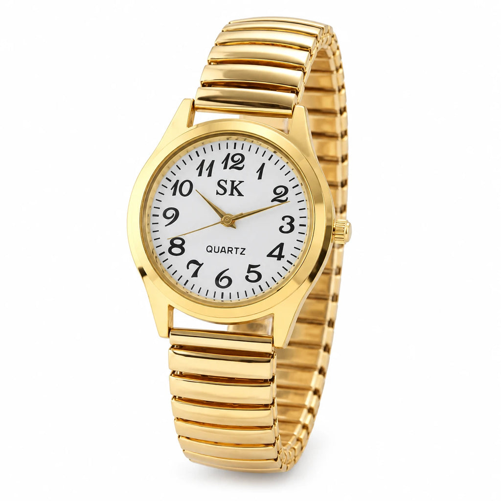 Montre Bracelet Élastique Chiffres Arabes Cadran Blanc - Fond blanc, autre angle