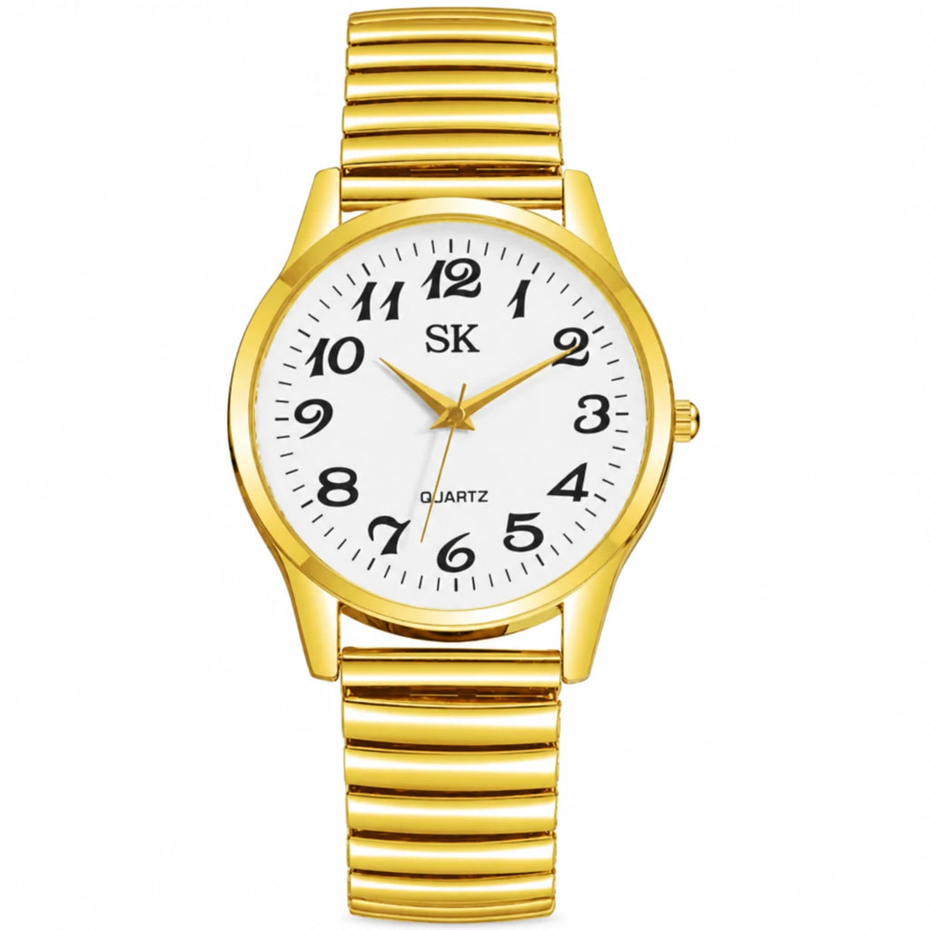 Montre Bracelet Élastique Chiffres Arabes Cadran Blanc - Gold White-L