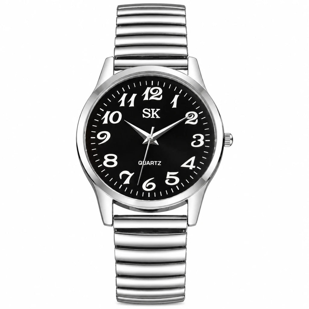 Montre Bracelet Élastique Chiffres Arabes Cadran Blanc - Silver Black-L