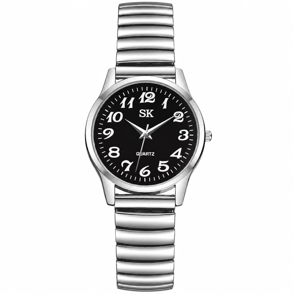 Montre Bracelet Élastique Chiffres Arabes Cadran Blanc - Silver Black-S