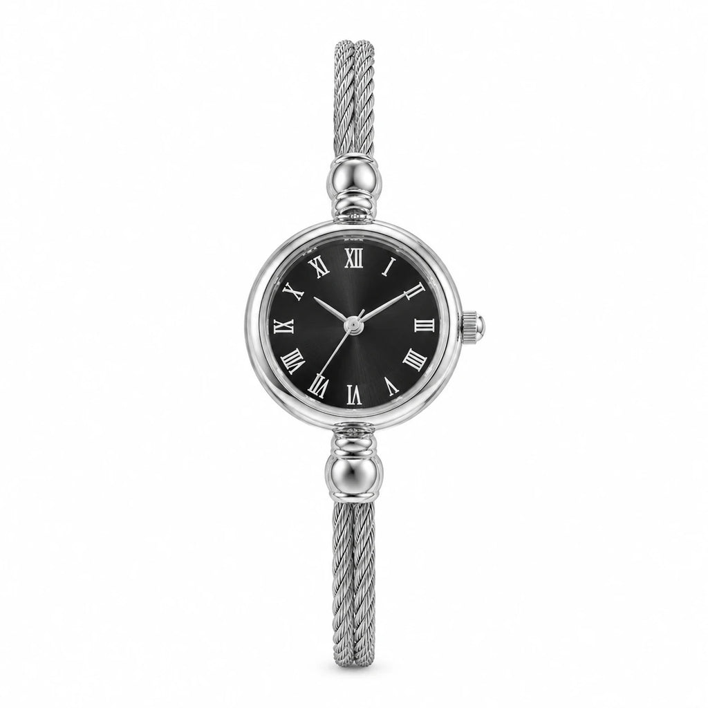 Montre Bracelet Femme Câble Torsadé Boîtier Compact - Argent / cadran noir