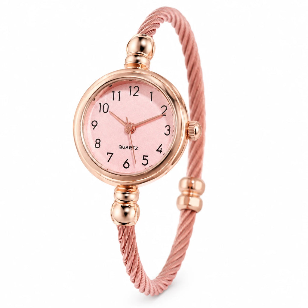 Montre Bracelet Femme Câble Torsadé Boîtier Compact - Fond blanc, autre angle
