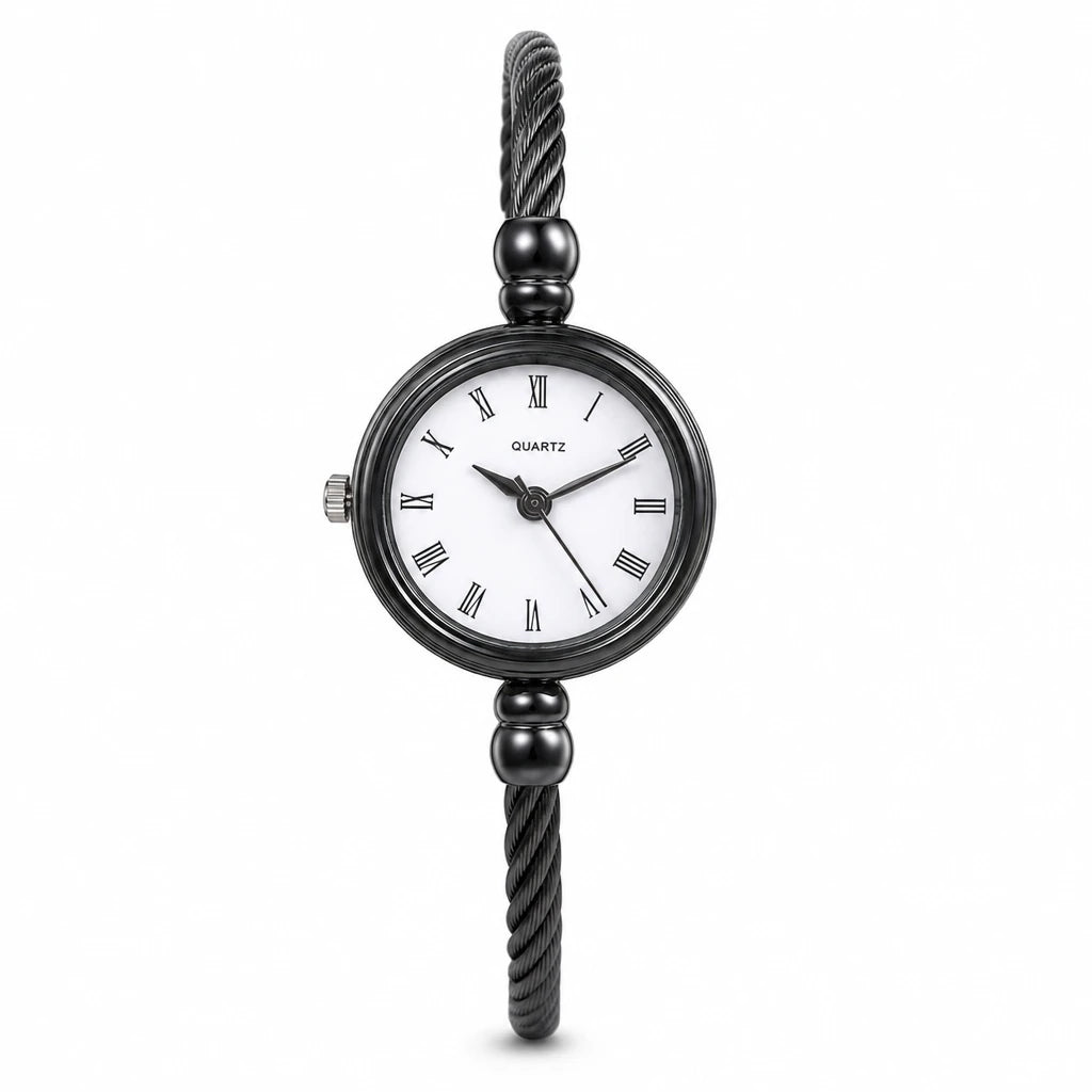 Montre Bracelet Femme Câble Torsadé Boîtier Compact - Noir / cadran blanc