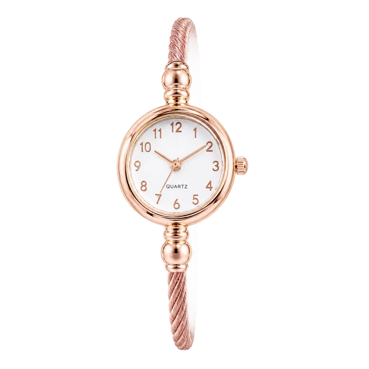 Montre Bracelet Femme Câble Torsadé Boîtier Compact - Or rose / cadran blanc
