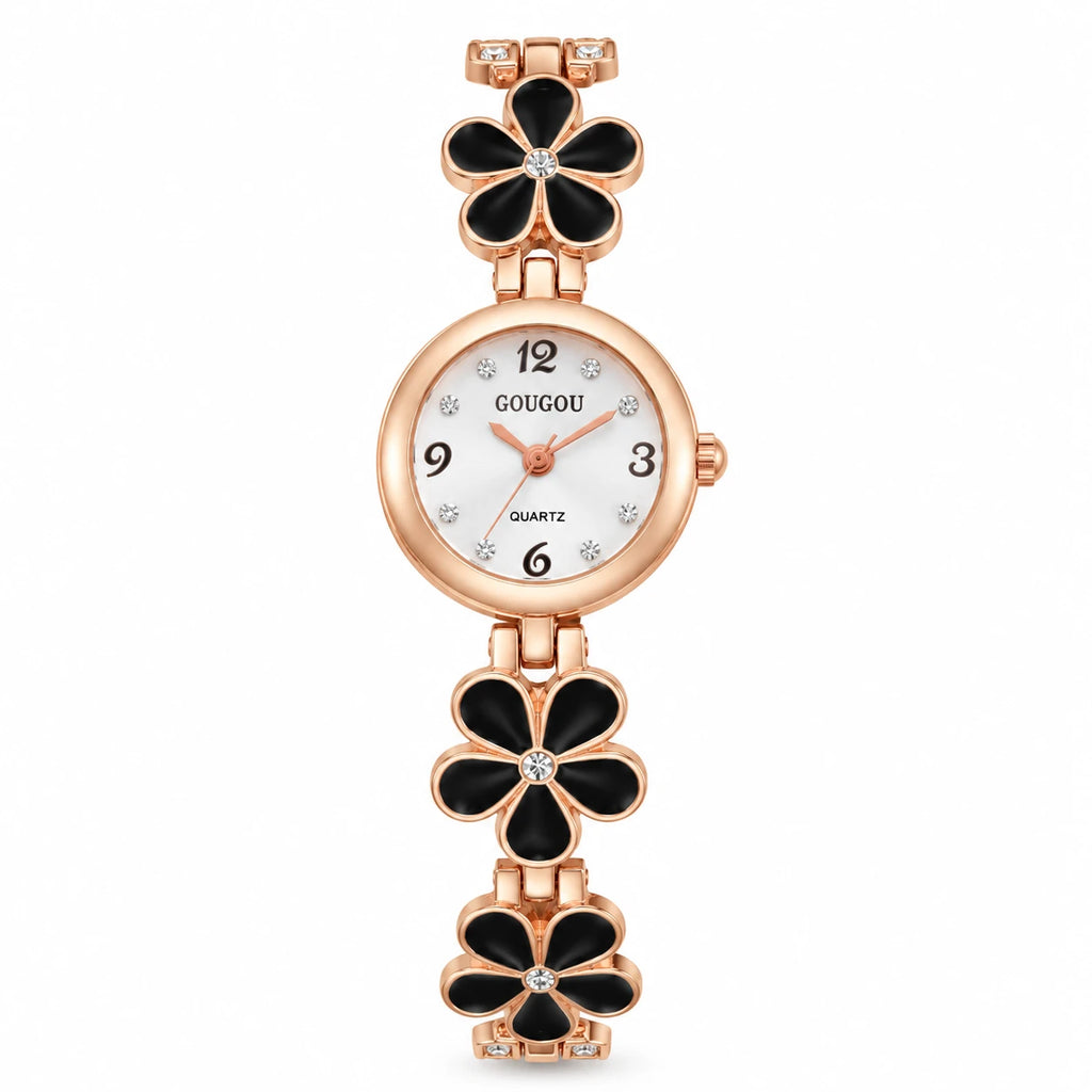 Montre Bracelet Fleur à Cadran Blanc et Boîtier Or Rose - Black Without Box
