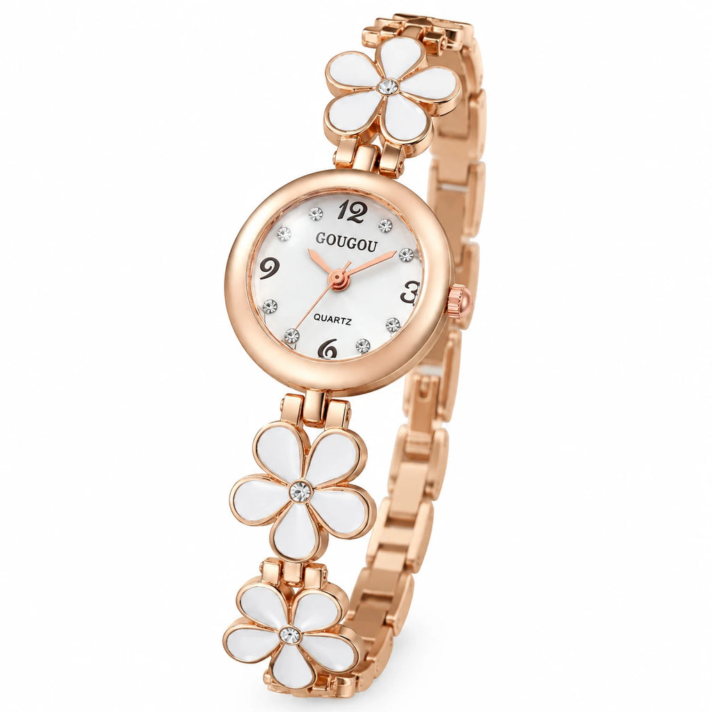 Montre Bracelet Fleur à Cadran Blanc et Boîtier Or Rose - Fond blanc, autre angle