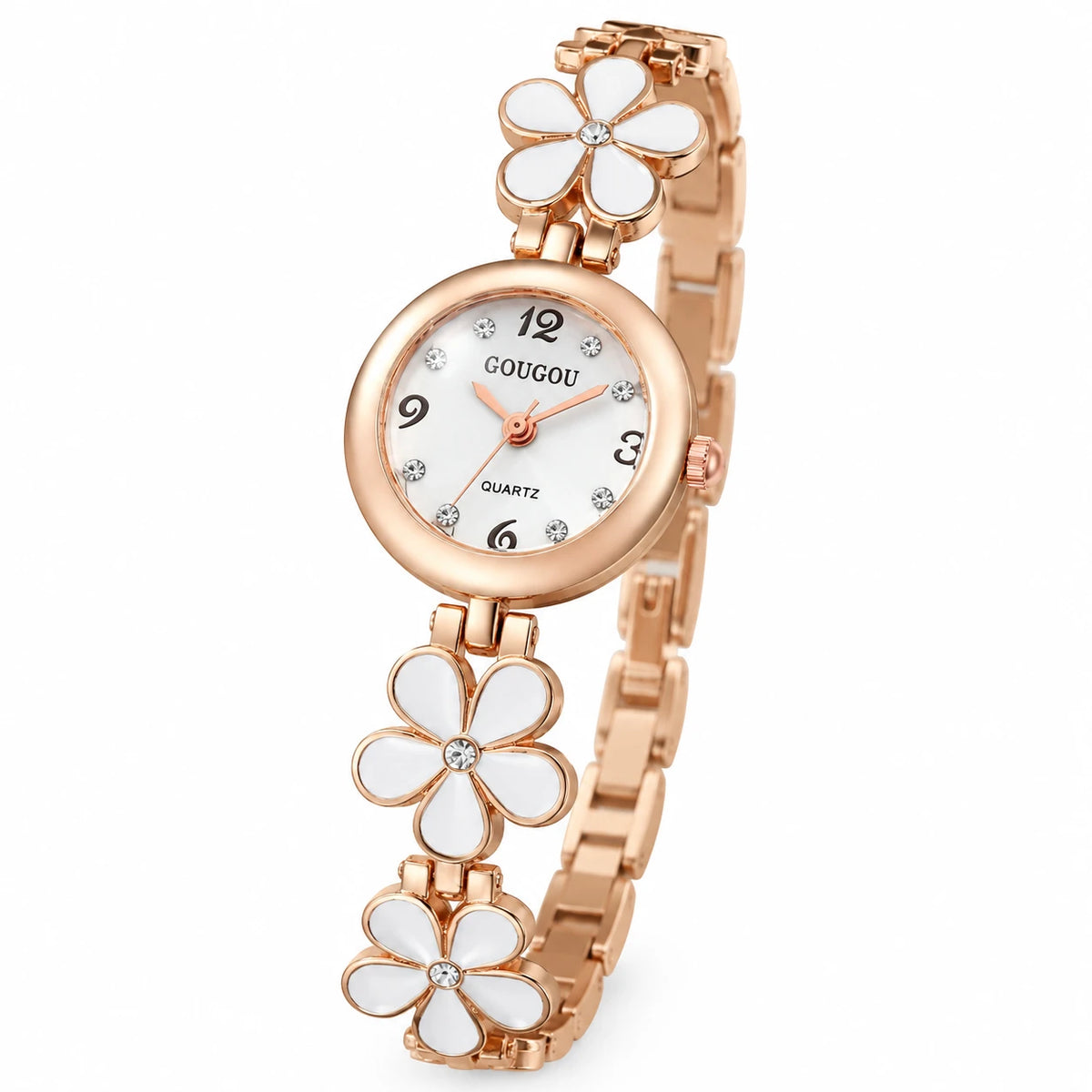 Montre Bracelet Fleur à Cadran Blanc et Boîtier Or Rose - Fond blanc, autre angle