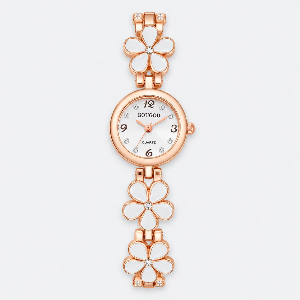 Montre Bracelet Fleur à Cadran Blanc et Boîtier Or Rose - Fond gris clair