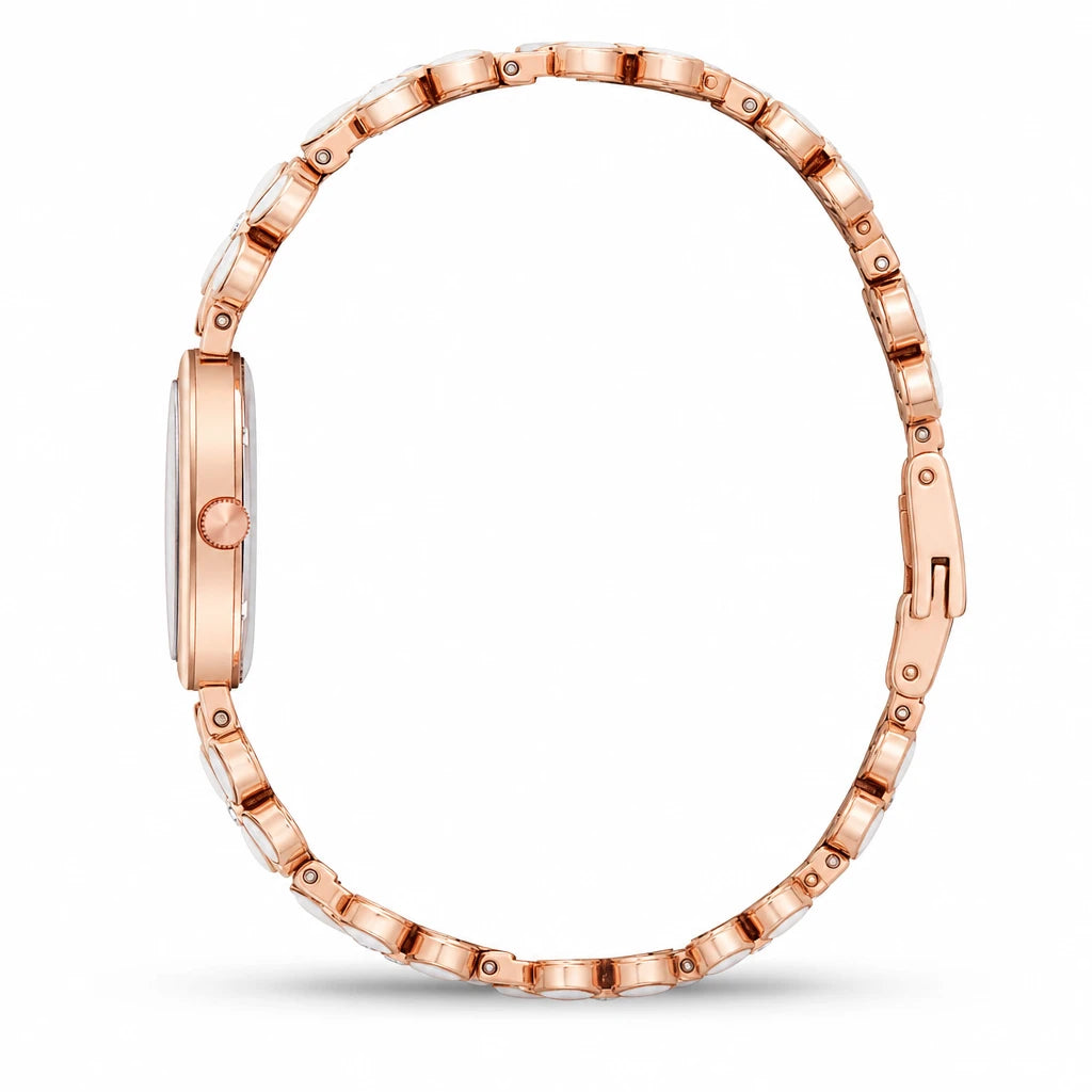 Montre Bracelet Fleur à Cadran Blanc et Boîtier Or Rose - Photo côté