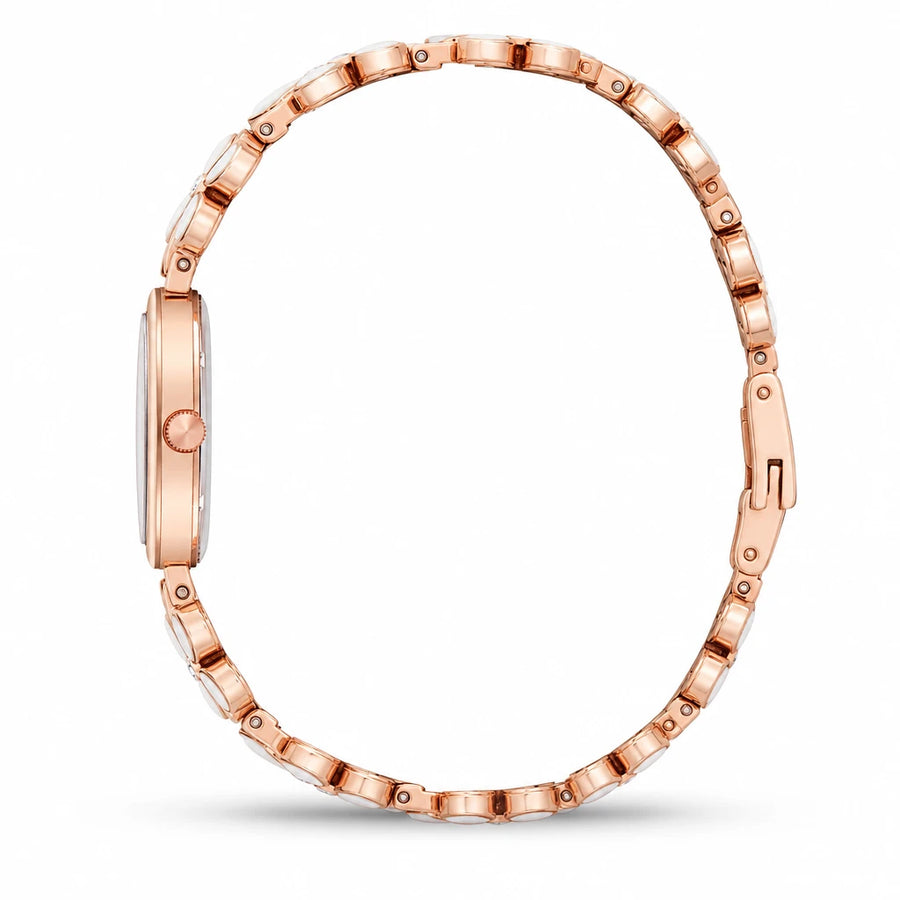 Montre Bracelet Fleur à Cadran Blanc et Boîtier Or Rose - Photo côté