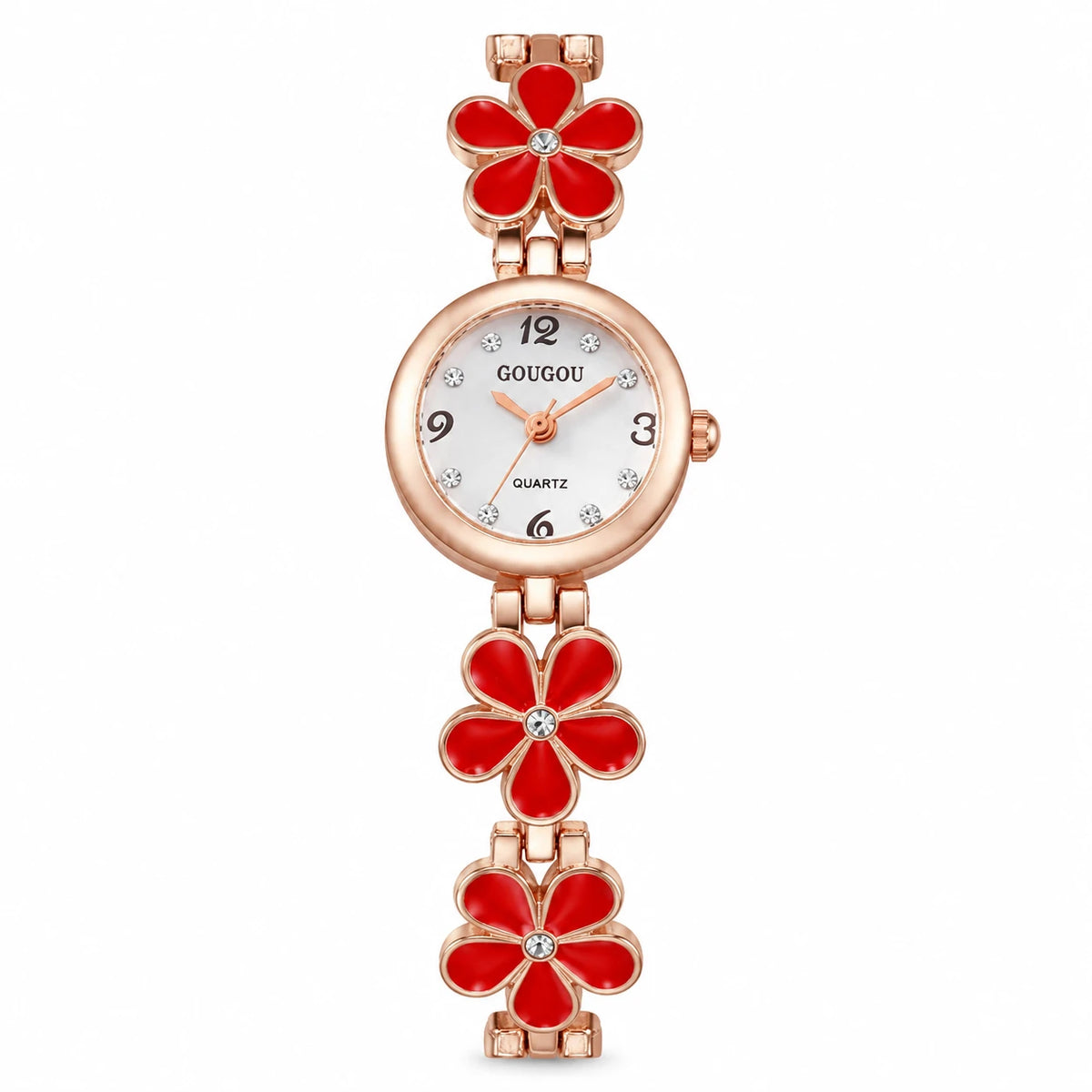 Montre Bracelet Fleur à Cadran Blanc et Boîtier Or Rose - Red Without Box