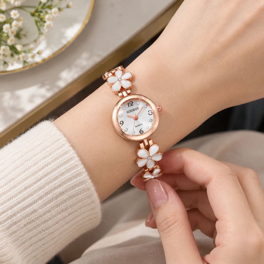 Montre Bracelet Fleur à Cadran Blanc et Boîtier Or Rose - Utilisation du produit - classique