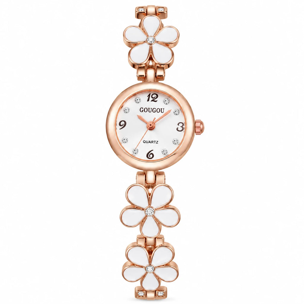 Montre Bracelet Fleur à Cadran Blanc et Boîtier Or Rose - White Without Box