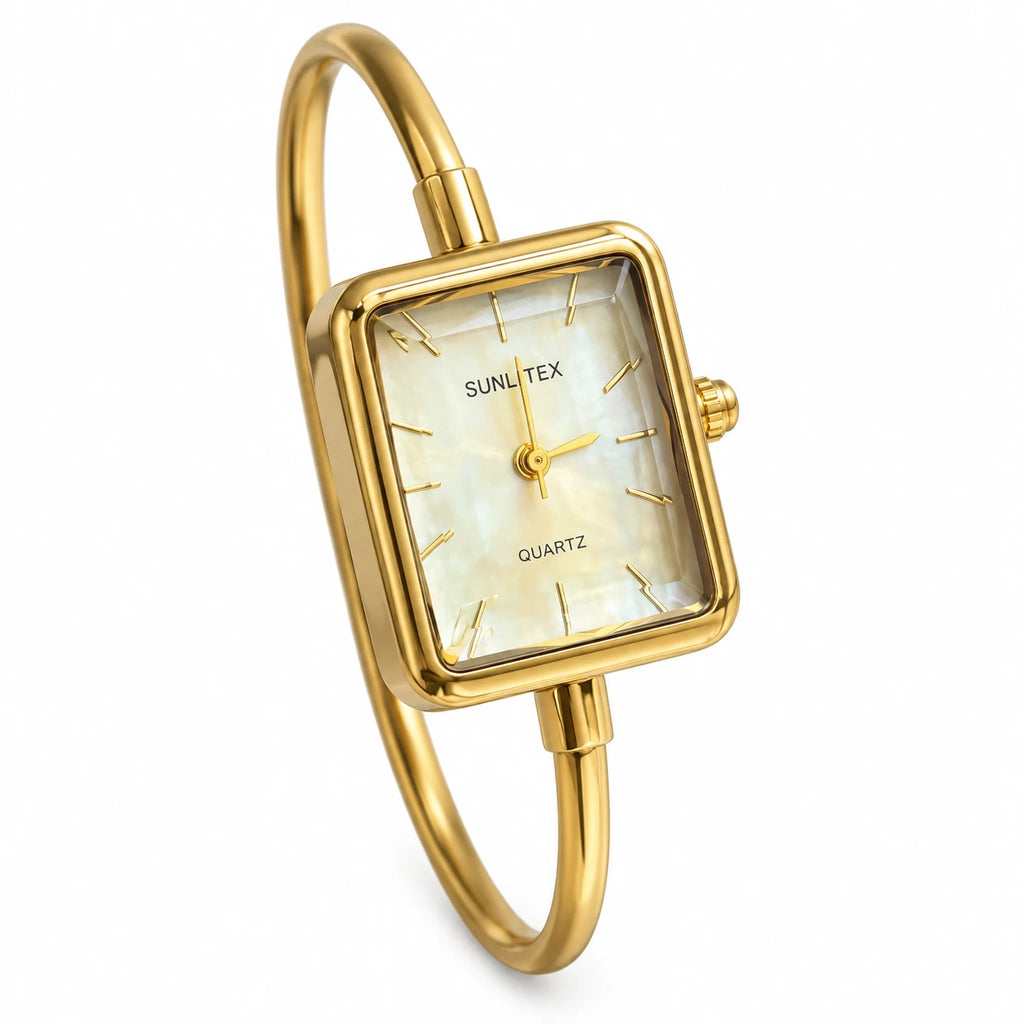 Montre Bracelet Perle Femme Dorée avec Cadran Rectangulaire - Fond blanc, autre angle