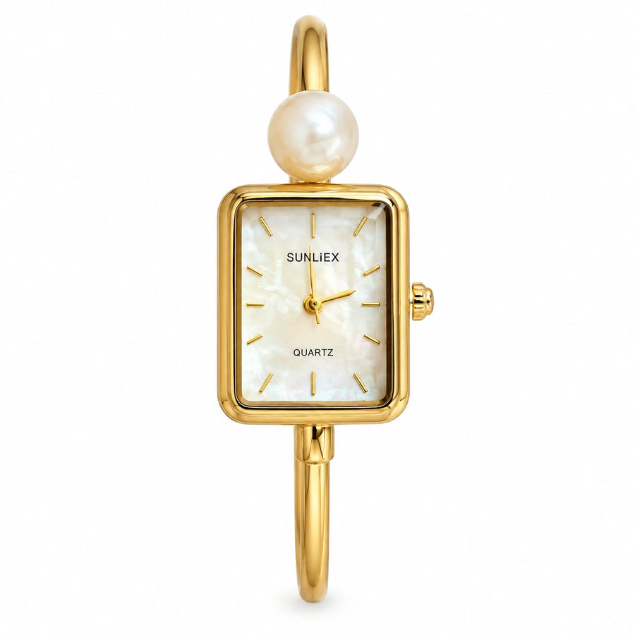 Montre Bracelet Perle Femme Dorée avec Cadran Rectangulaire - Gold