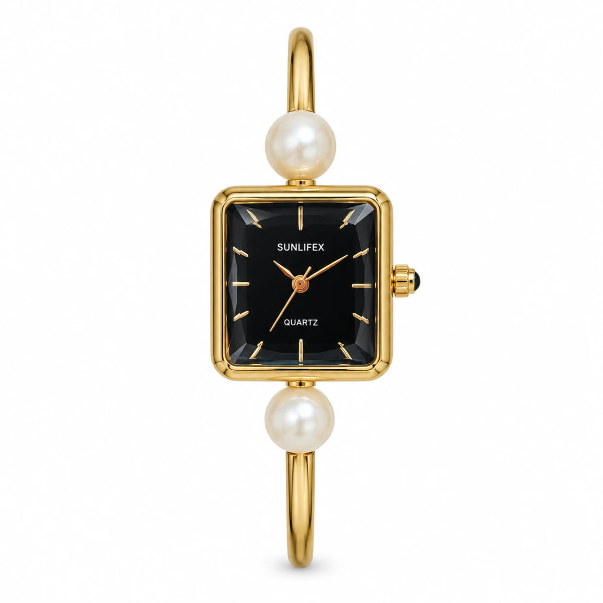 Montre Bracelet Perle Femme Dorée avec Cadran Rectangulaire - Gold black