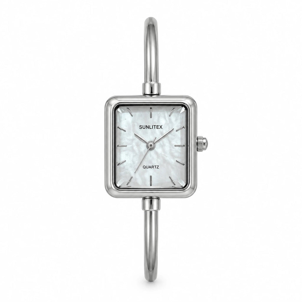 Montre Bracelet Perle Femme Dorée avec Cadran Rectangulaire - Silver