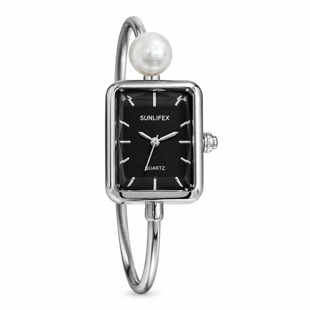 Montre Bracelet Perle Femme Dorée avec Cadran Rectangulaire - Silver black