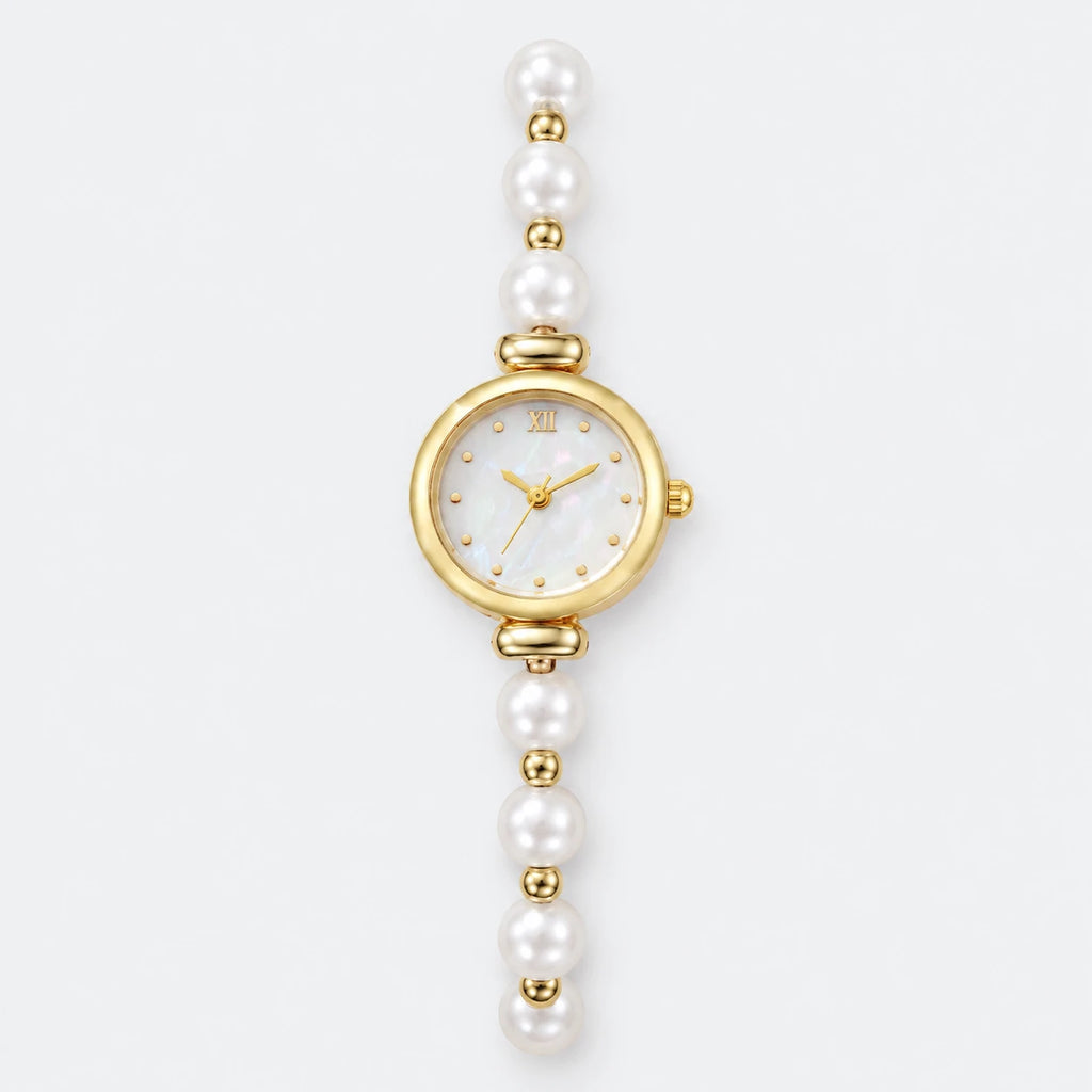 Montre Bracelet Perles à Cadran Chiffres Romains et Boîtier Rond - Fond gris clair