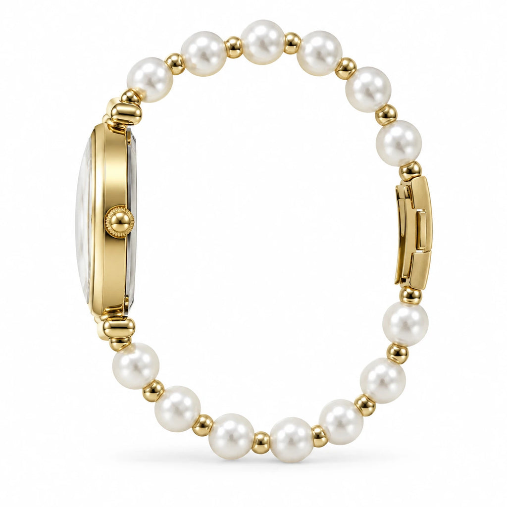 Montre Bracelet Perles à Cadran Chiffres Romains et Boîtier Rond - Photo côté
