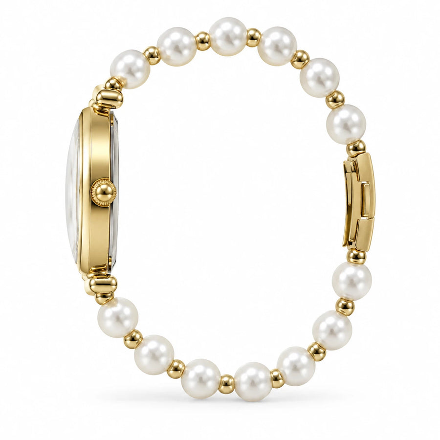 Montre Bracelet Perles à Cadran Chiffres Romains et Boîtier Rond - Photo côté