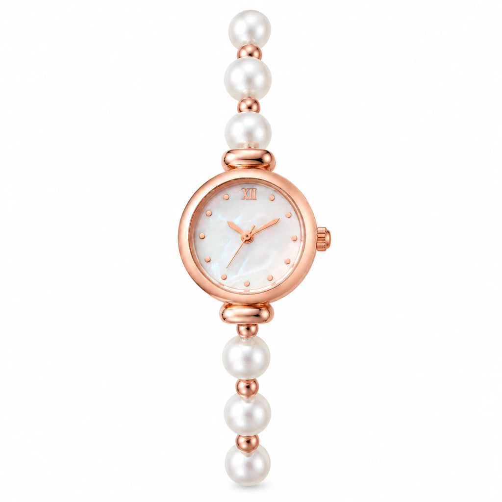 Montre Bracelet Perles à Cadran Chiffres Romains et Boîtier Rond - Rose Gold No Box