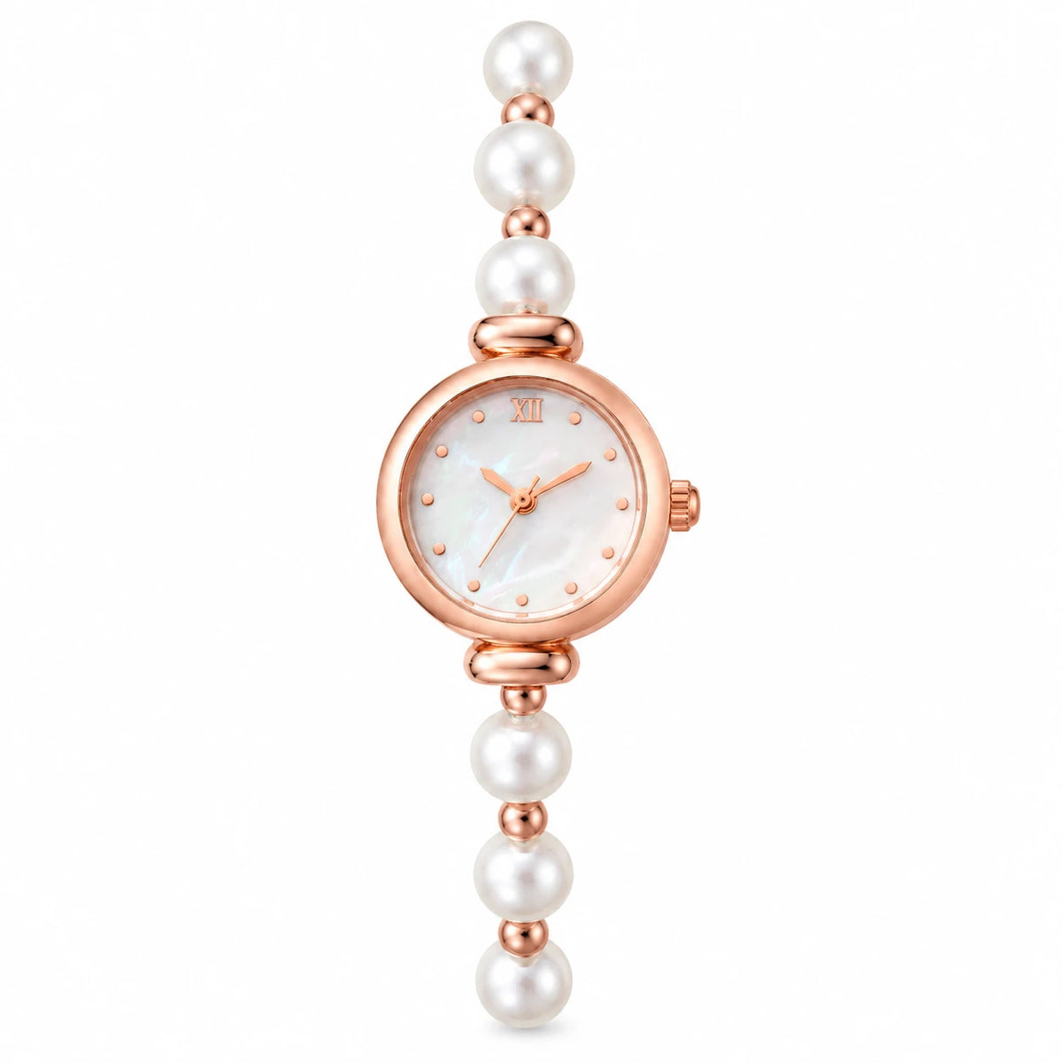 Montre Bracelet Perles à Cadran Chiffres Romains et Boîtier Rond - Rose Gold No Box