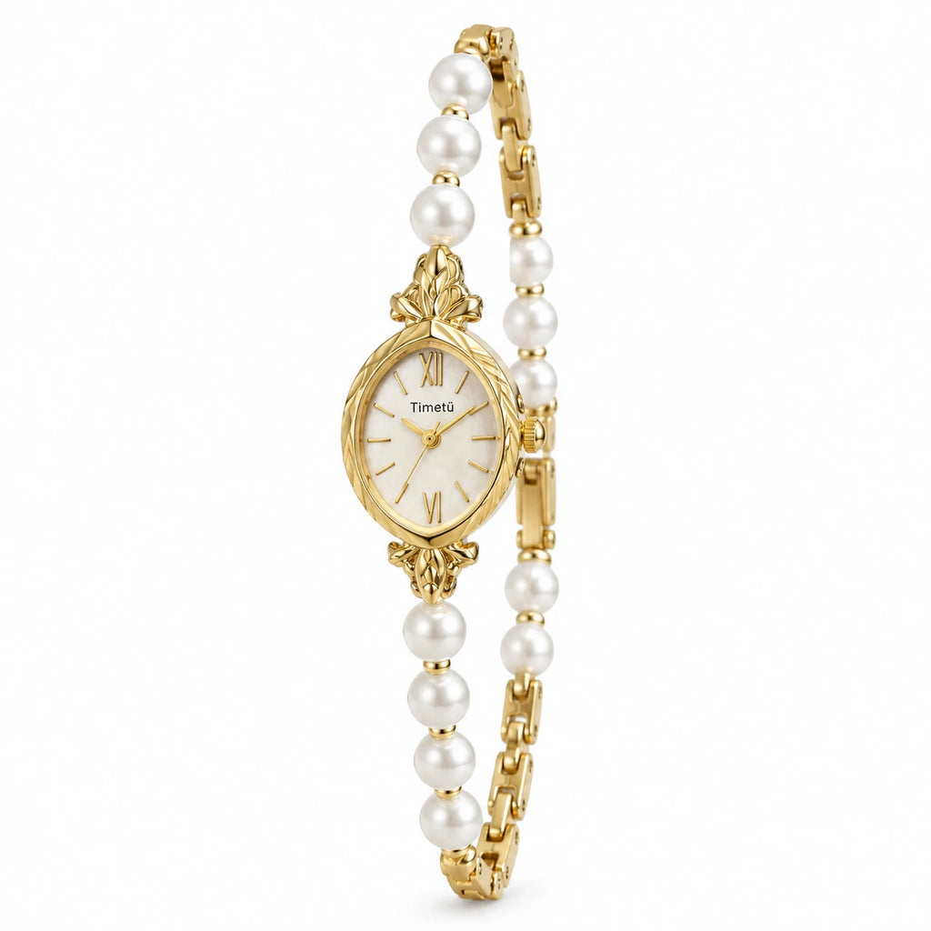 Montre Bracelet Perles à Cadran Oval et Chiffres Romains - Fond blanc, autre angle
