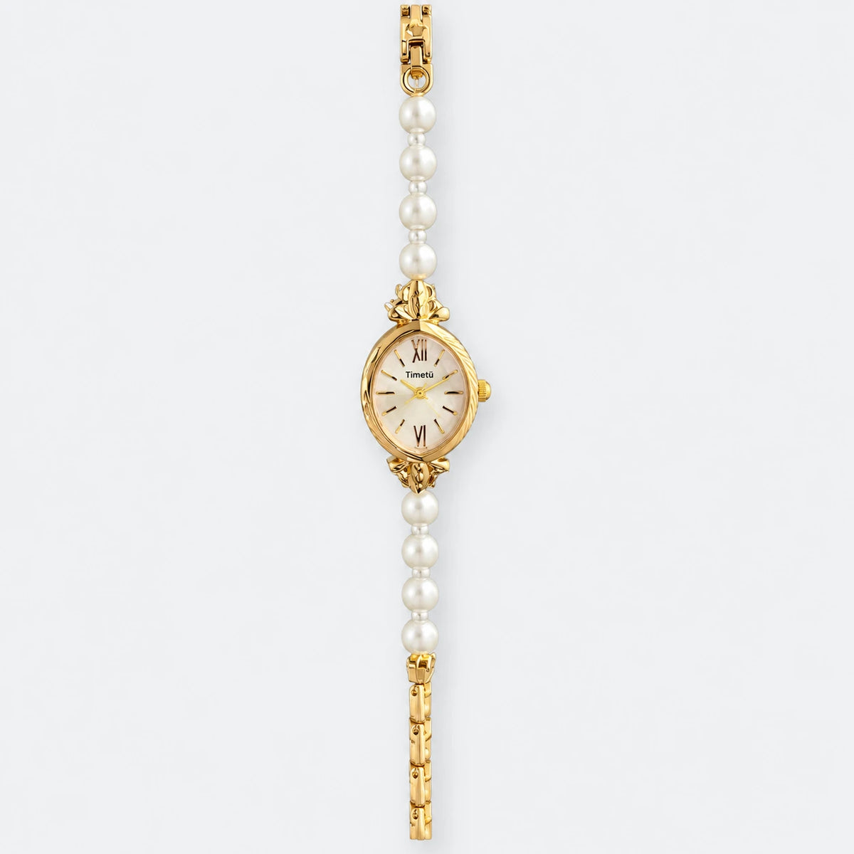 Montre Bracelet Perles à Cadran Oval et Chiffres Romains - Fond gris clair