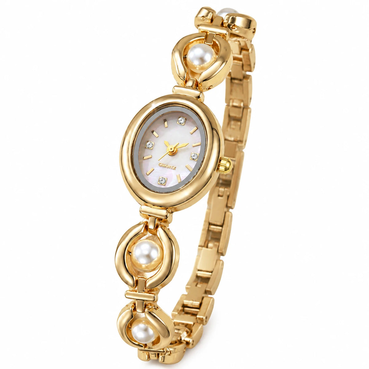 Montre Bracelet Perles Femme avec Cadran Ovale Nacré - Fond blanc, autre angle