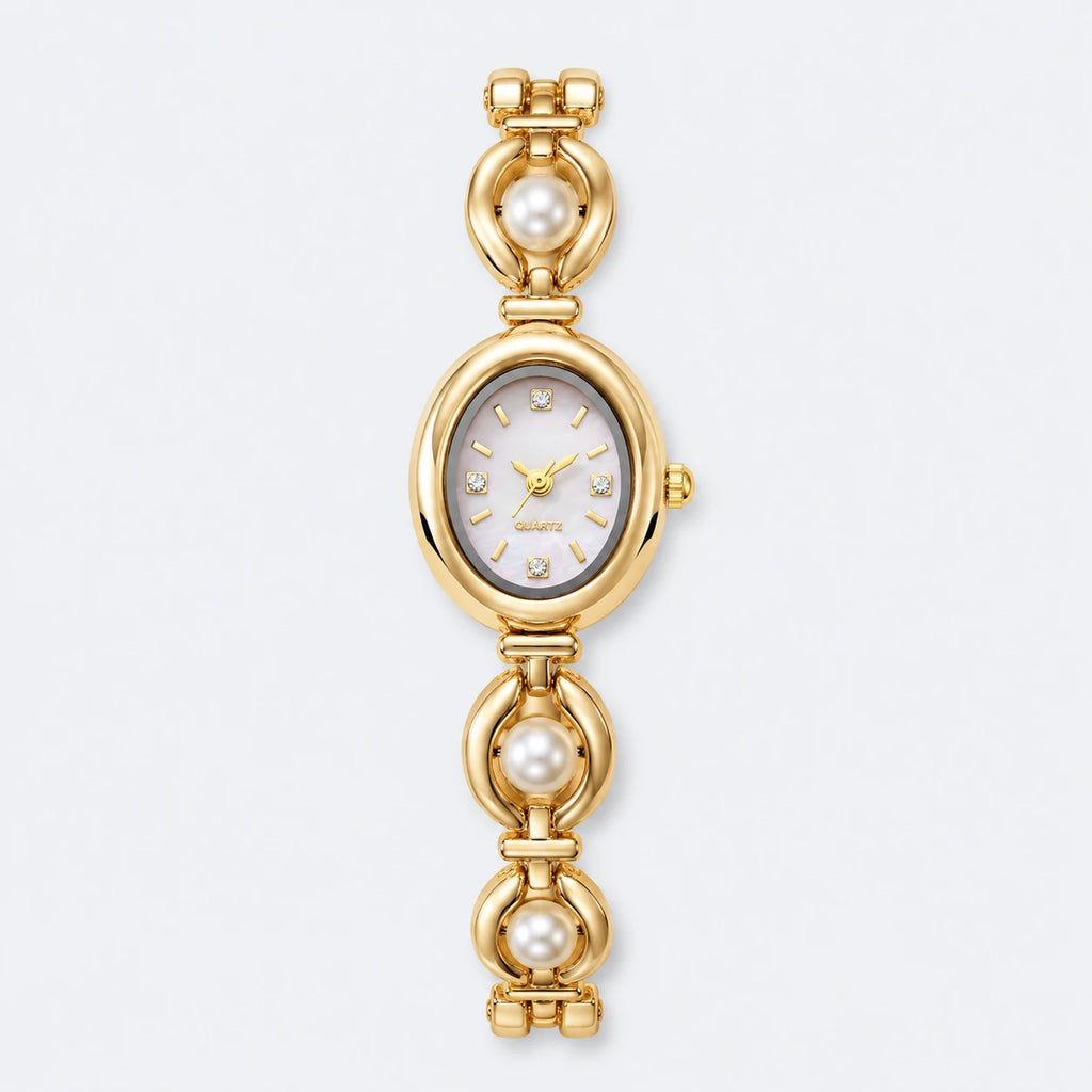 Montre Bracelet Perles Femme avec Cadran Ovale Nacré - Fond gris clair