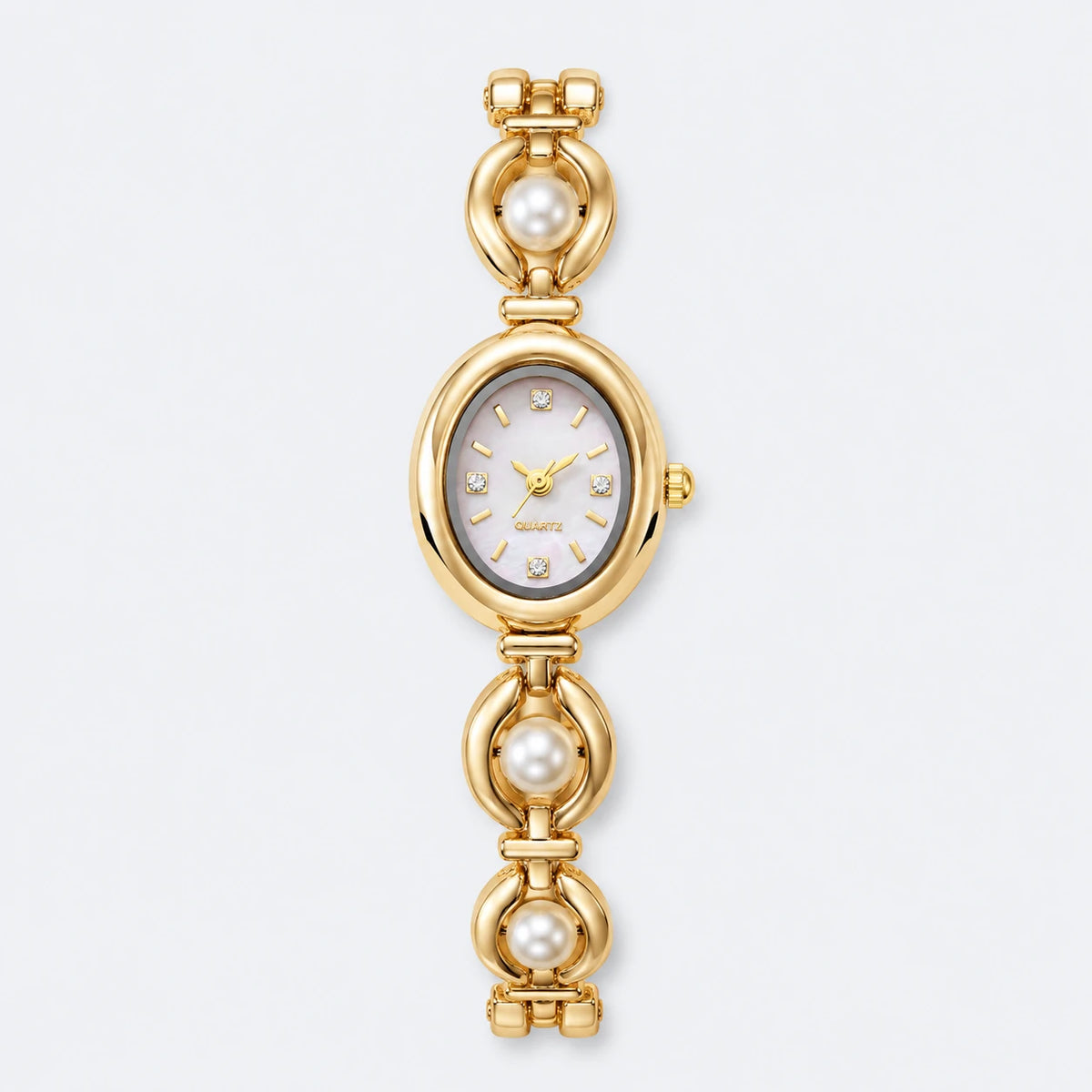 Montre Bracelet Perles Femme avec Cadran Ovale Nacré - Fond gris clair