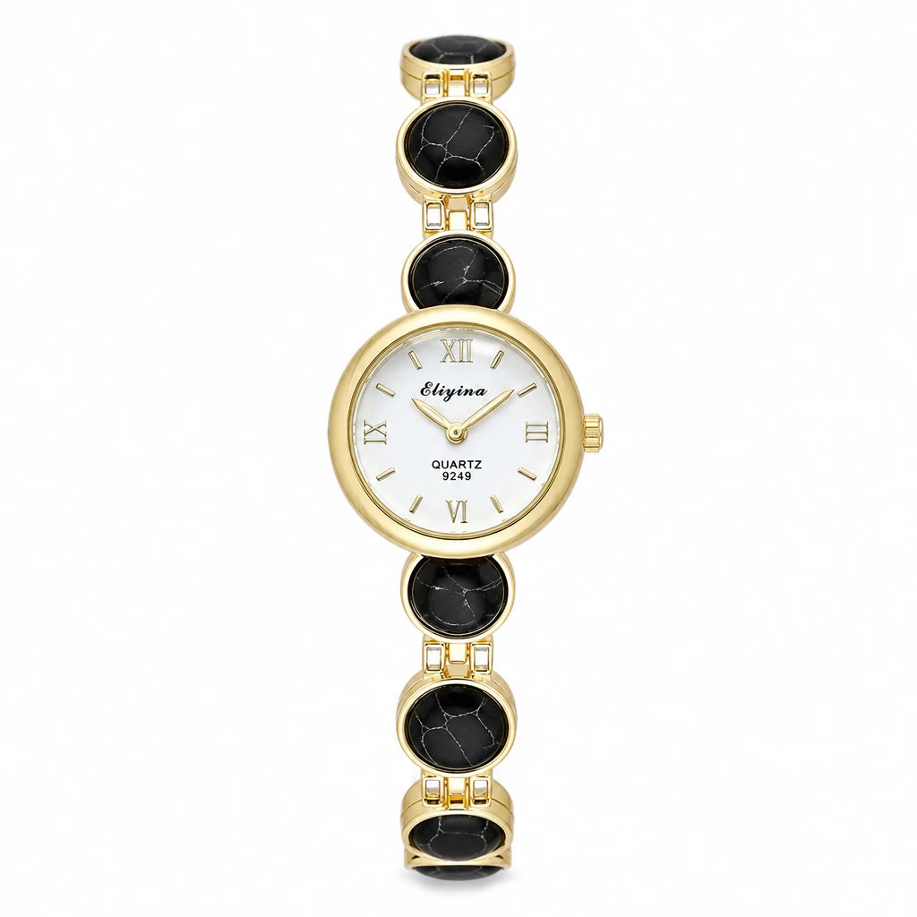Montre Bracelet Pierres Ornementales à Quartz - golden black