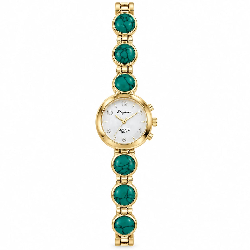 Montre Bracelet Pierres Ornementales à Quartz - golden green