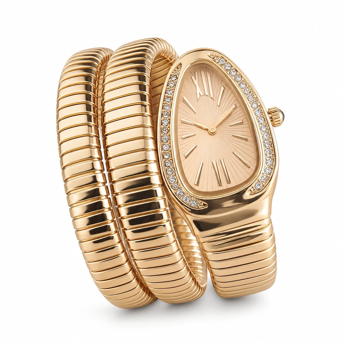 Montre Bracelet Serpent avec Cadran Ovale et Lunette Sertie - Fond blanc, autre angle