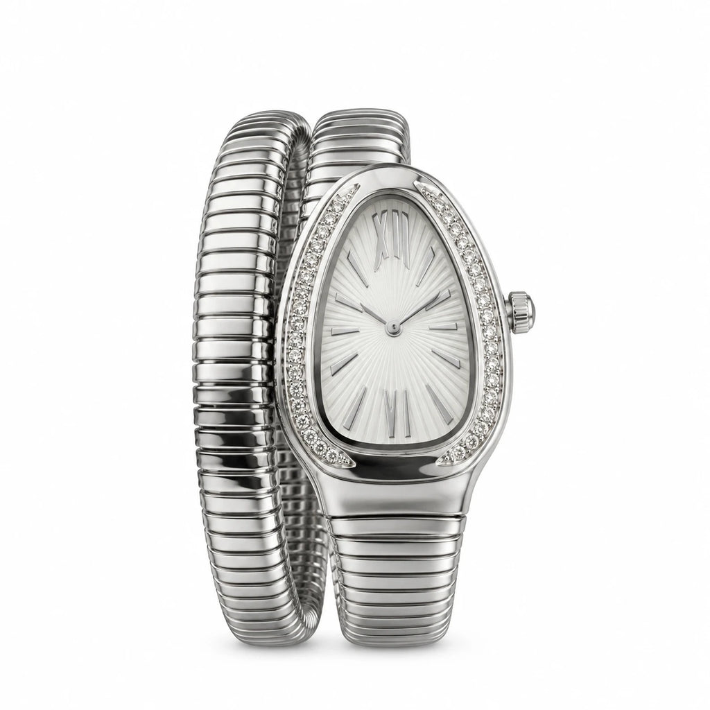 Montre Bracelet Serpent avec Cadran Ovale et Lunette Sertie - silver