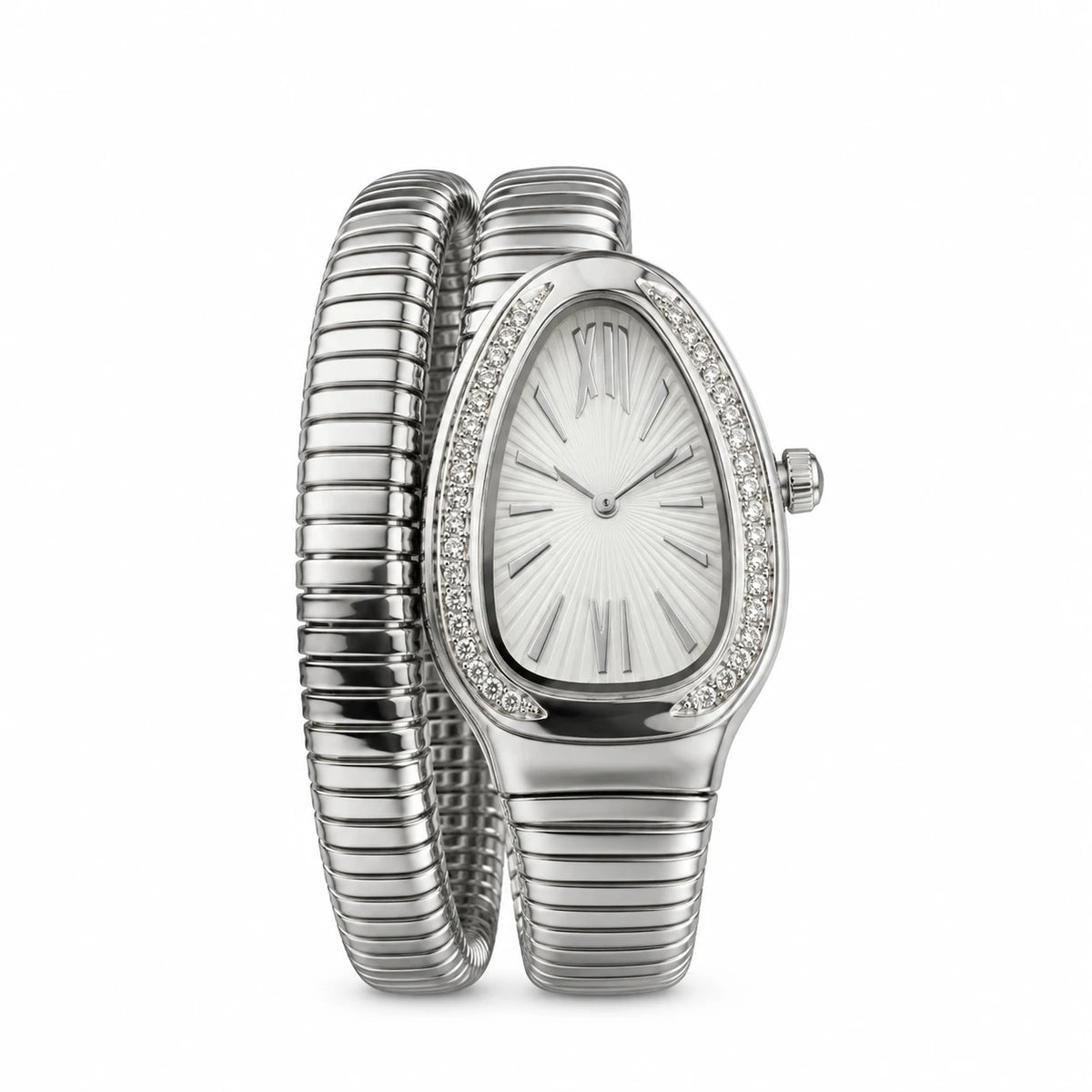 Montre Bracelet Serpent avec Cadran Ovale et Lunette Sertie - silver