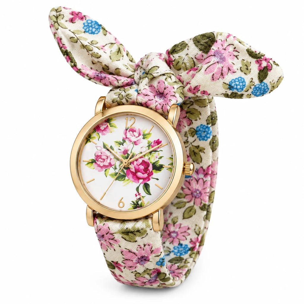 Montre Bracelet Tissu Fleuri avec Nœud - Fond blanc, autre angle