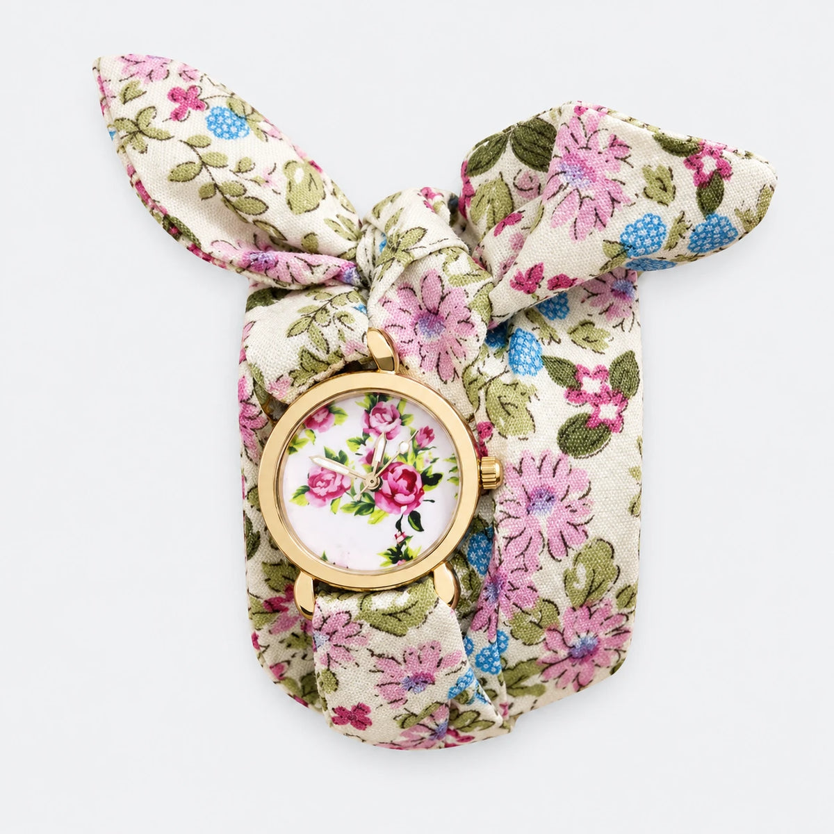 Montre Bracelet Tissu Fleuri avec Nœud - Fond gris clair