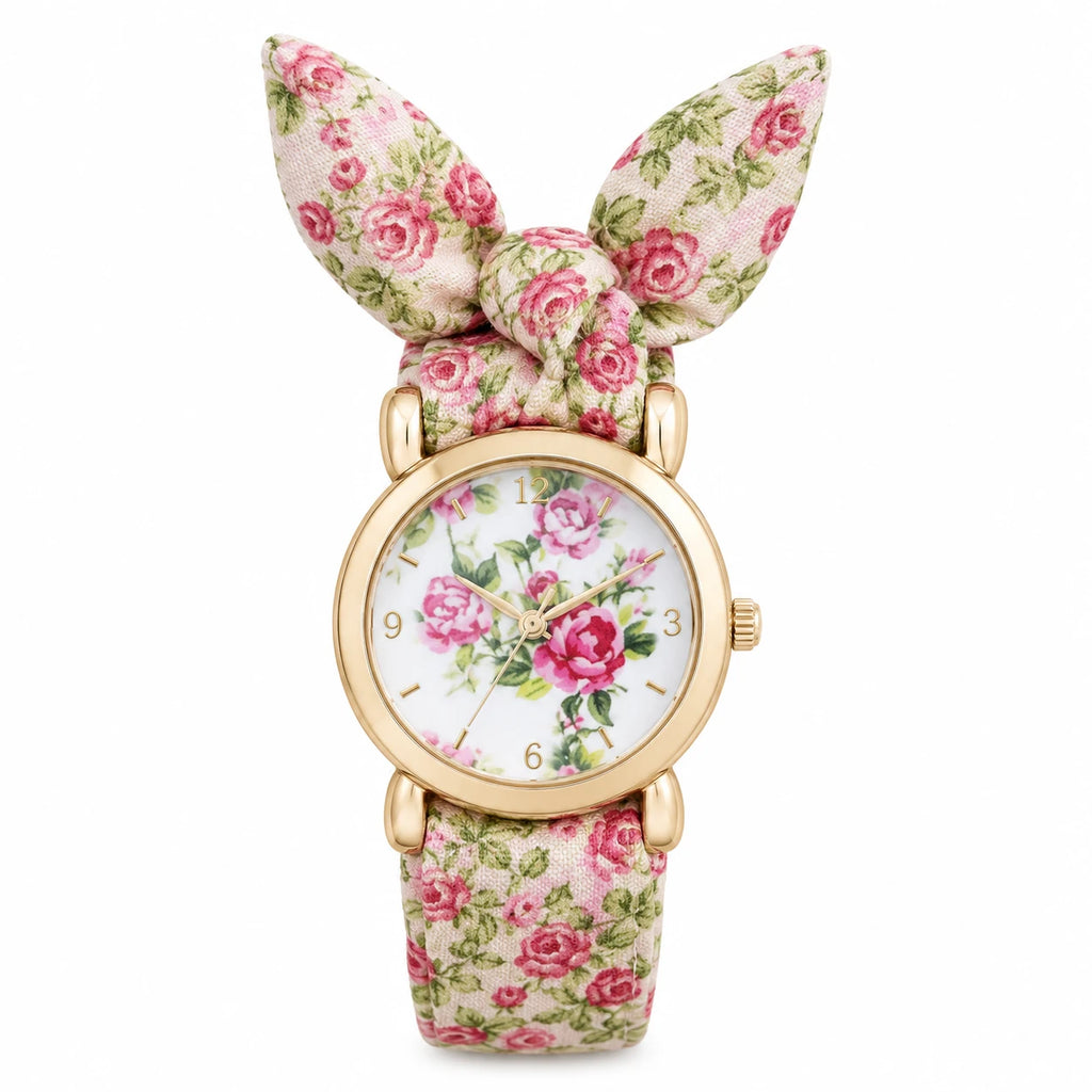 Montre Bracelet Tissu Fleuri avec Nœud - Modèle 04