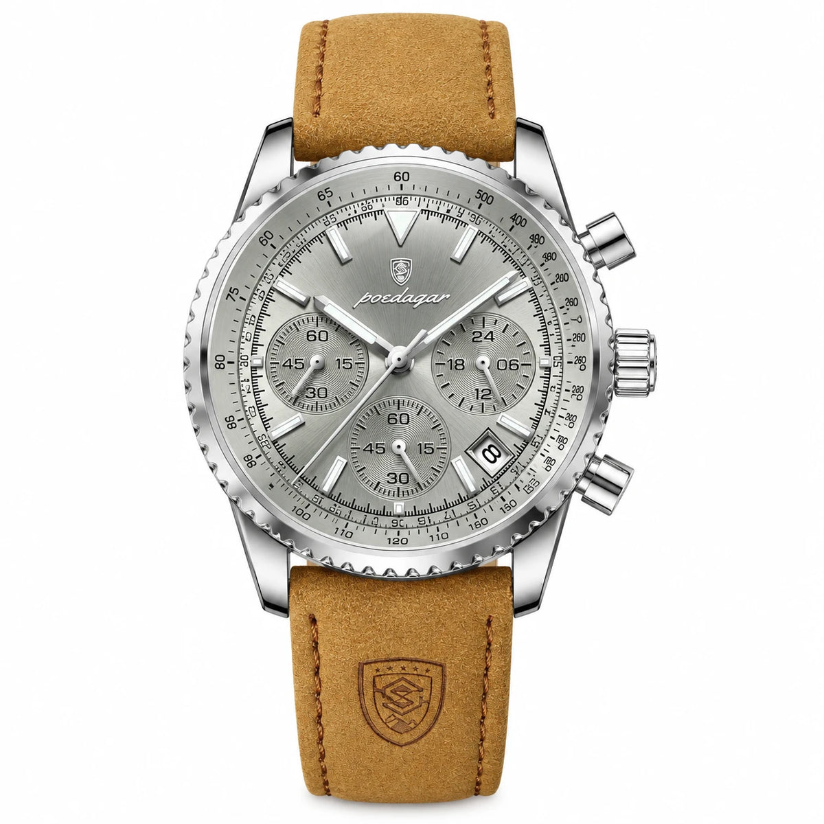 Montre Chronographe Homme Bracelet Cuir Cadran Vert - Argenté