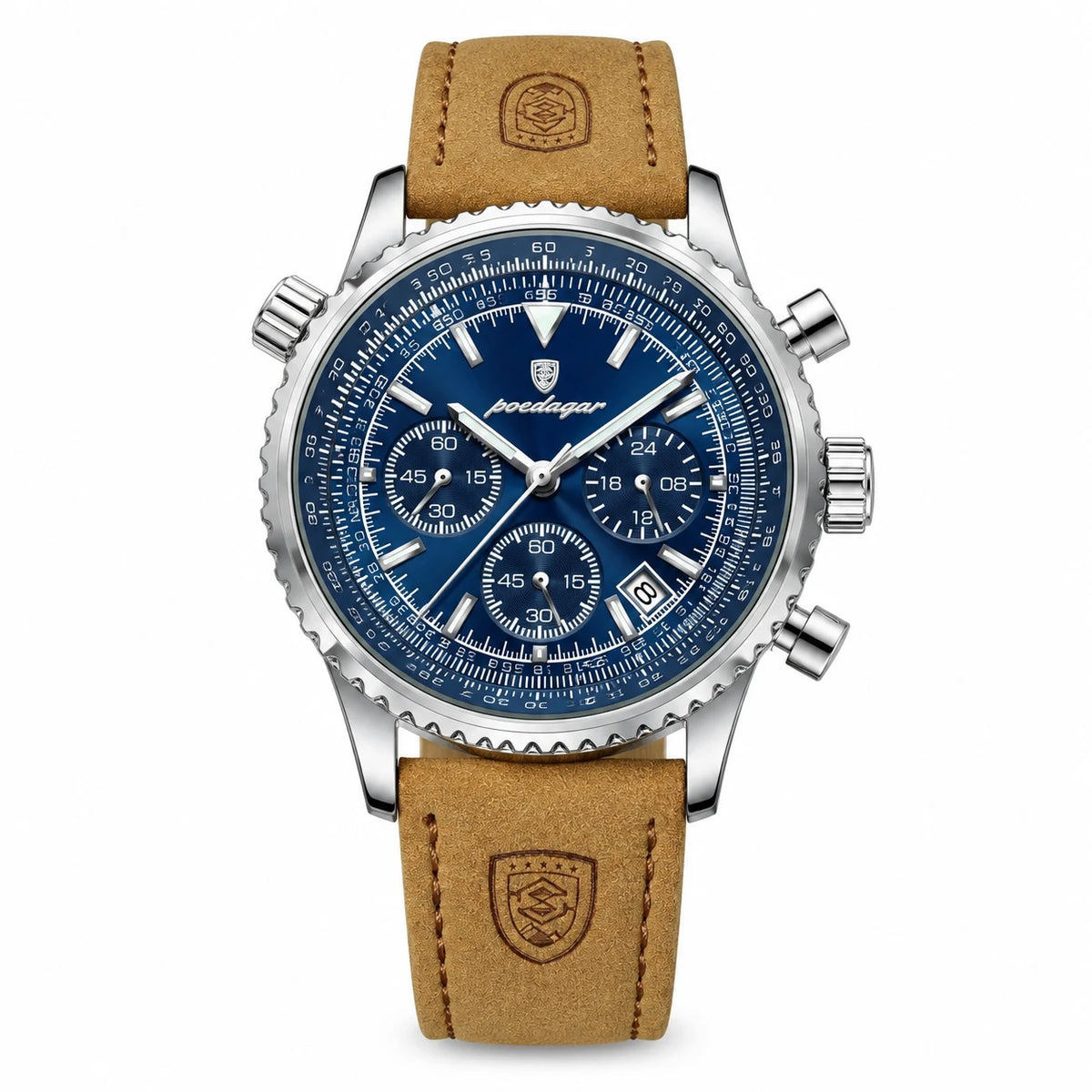 Montre Chronographe Homme Bracelet Cuir Cadran Vert - Argenté et Bleu