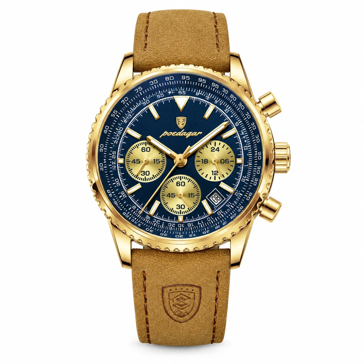 Montre Chronographe Homme Bracelet Cuir Cadran Vert - Bleu et or