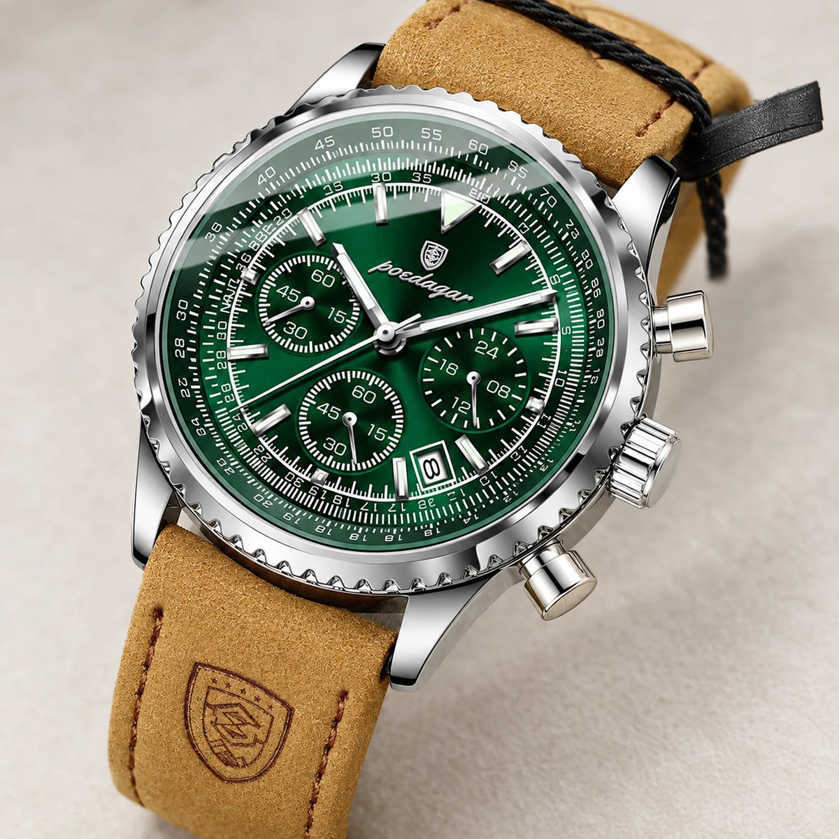 Montre Chronographe Homme Bracelet Cuir Cadran Vert - Détail matière