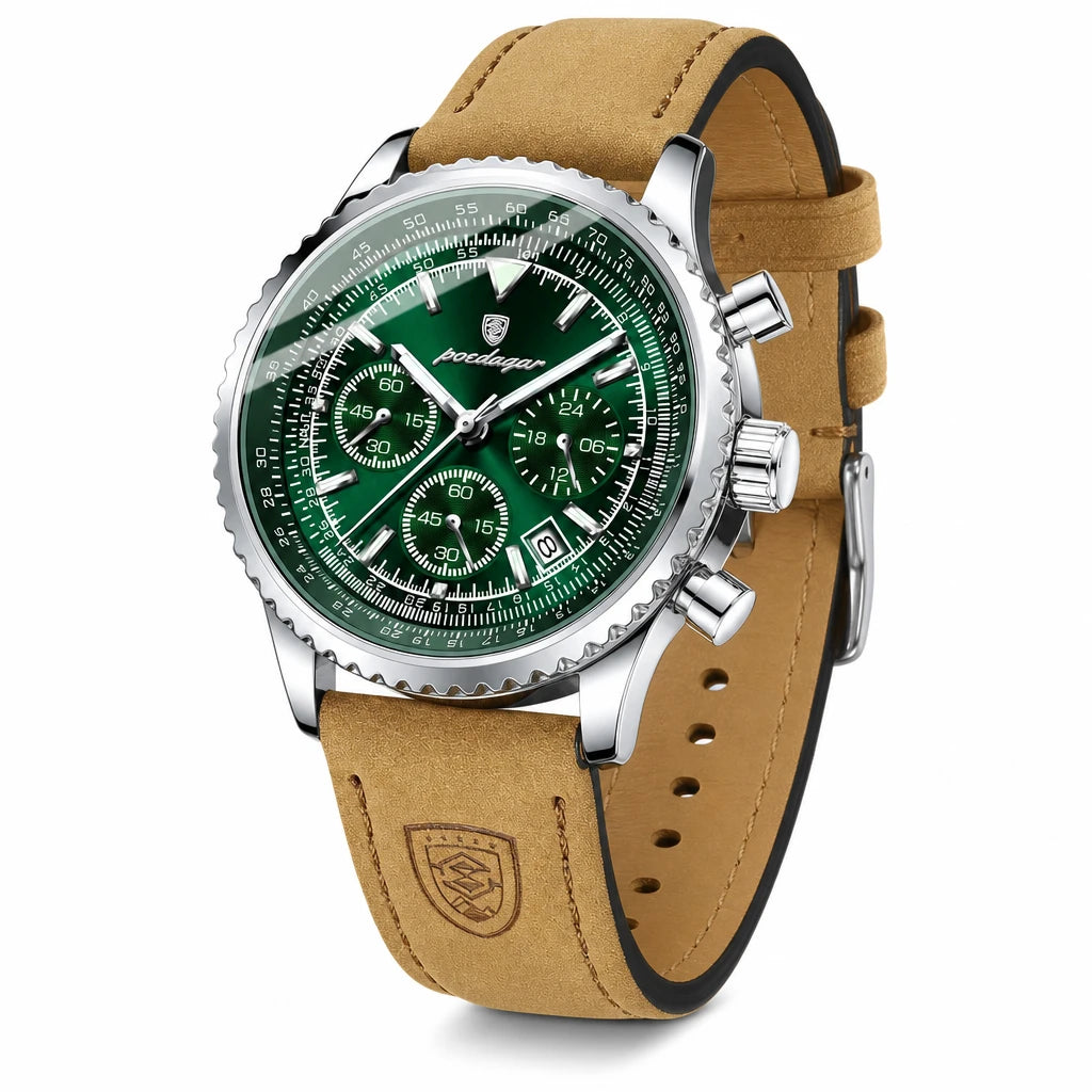 Montre Chronographe Homme Bracelet Cuir Cadran Vert - Fond blanc, autre angle