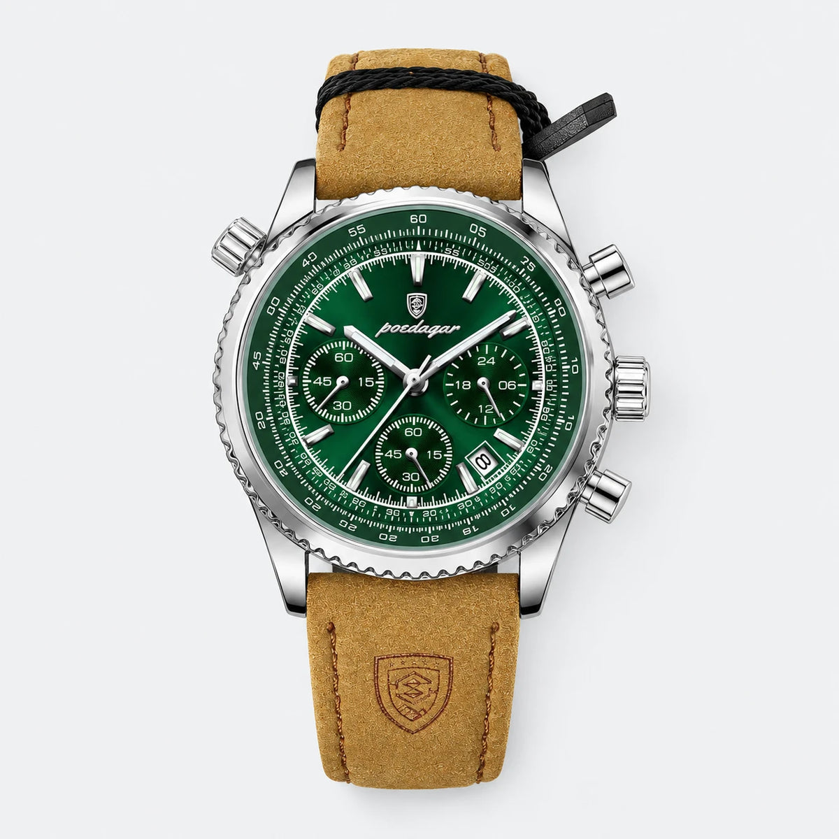 Montre Chronographe Homme Bracelet Cuir Cadran Vert - Fond gris clair