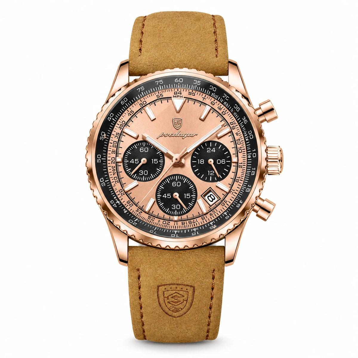 Montre Chronographe Homme Bracelet Cuir Cadran Vert - Rose Gold